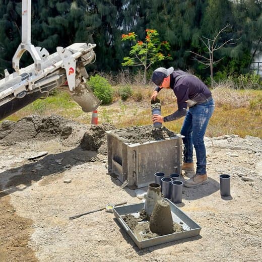 Worker placing concrete into a formwork footing