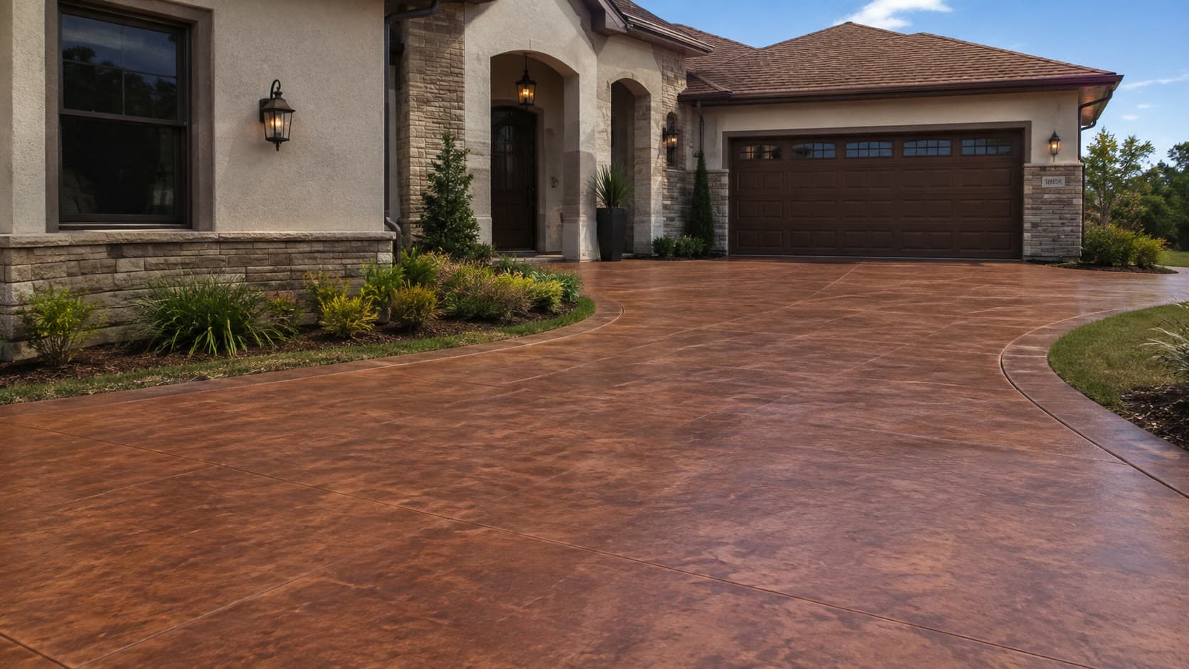 Reddish-brown integrally colored concrete driveway leading to a home's garage