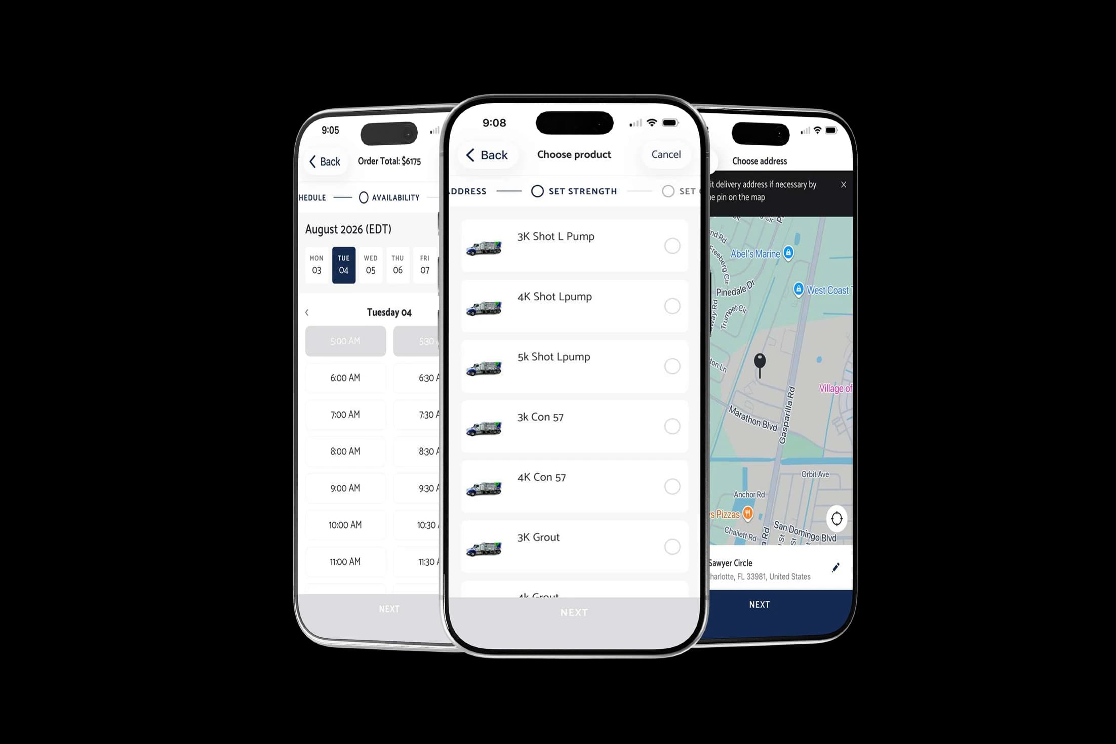 Quality-Crete app order, tracking and ticket screens