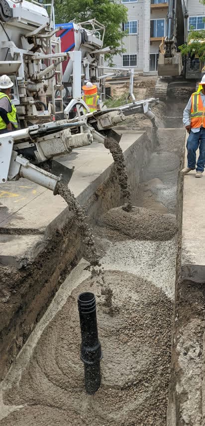 Fast setting flowable fill discharged around pipework in a road cut