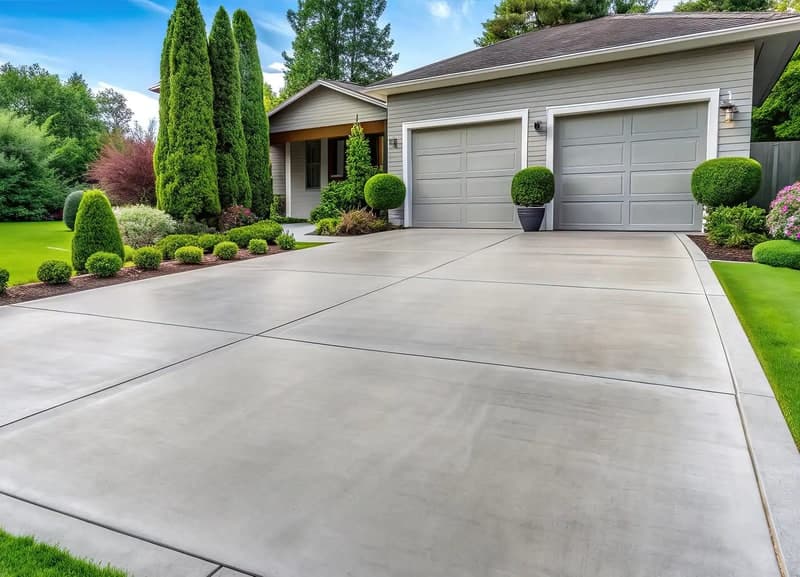 Smooth finished concrete driveway in front of a suburban home