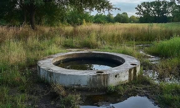 Abandoned concrete well ring standing derelict in a wet, overgrown field