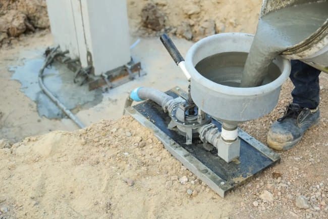 Grout poured into a pump hopper feeding a hose toward a buried utility pipe fitting