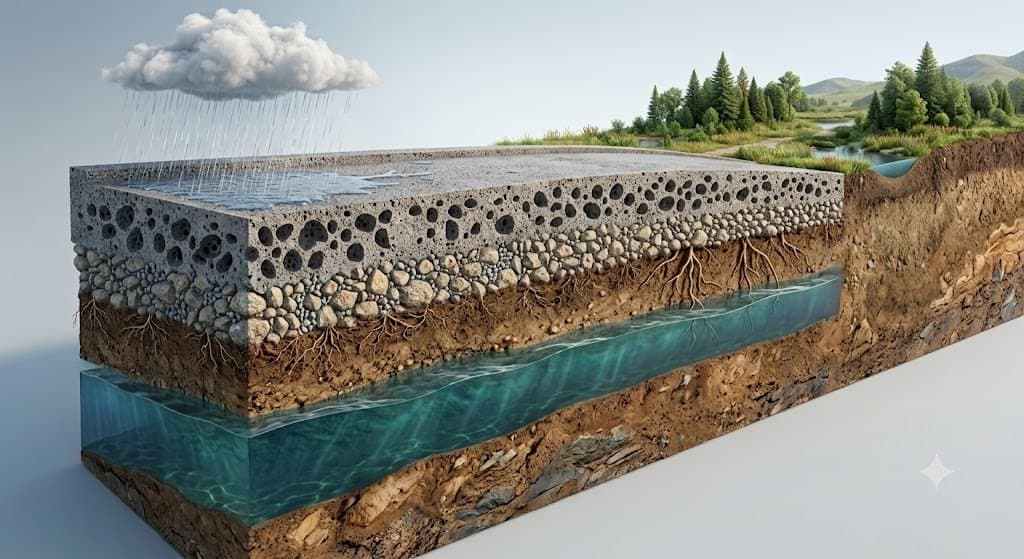 Cutaway diagram of rain passing through pervious concrete, open graded stone, and native soil into groundwater