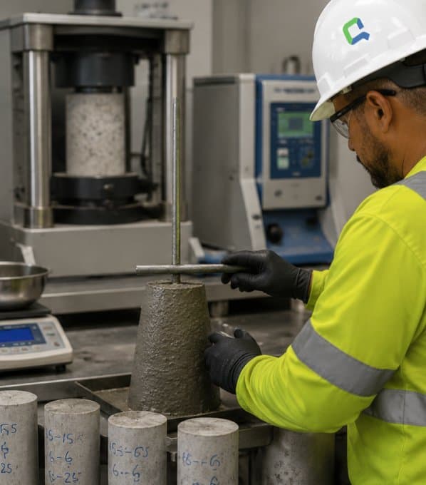Quality-Crete lab technician preparing concrete test cylinders beside a compression machine