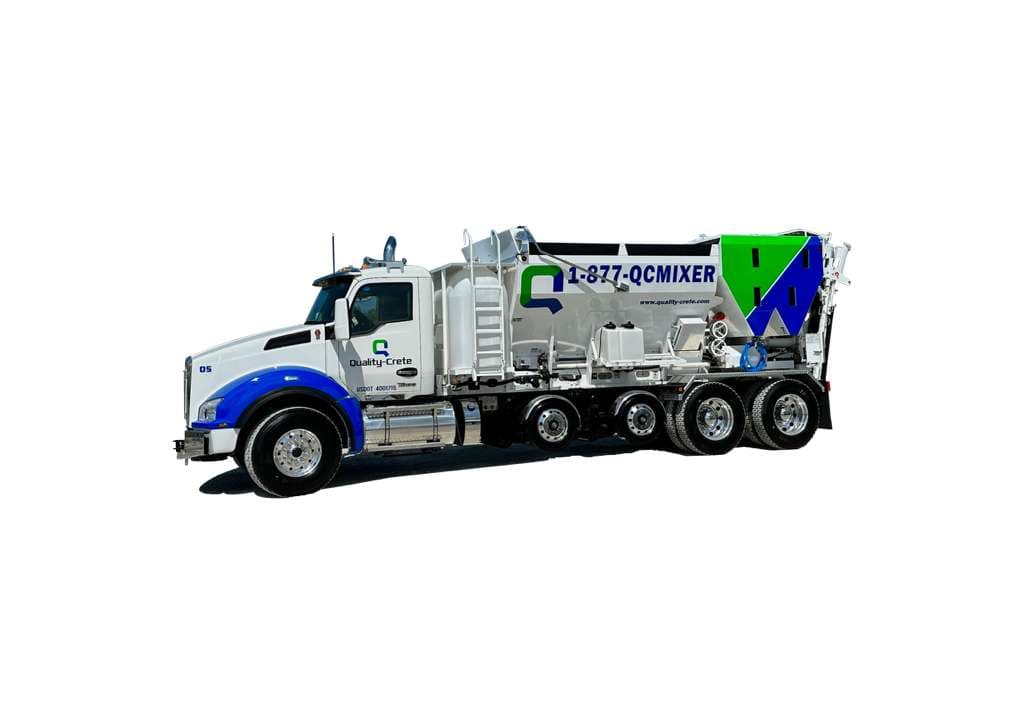 Quality-Crete volumetric mixer with its main components numbered