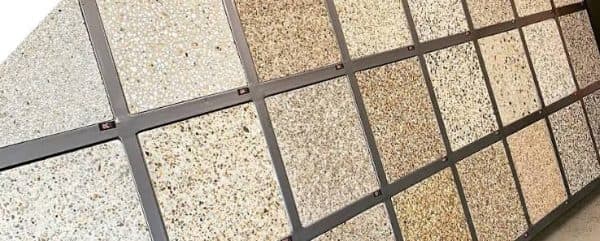 Grid of custom concrete aggregate samples