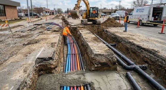Open utility trench with conduit bundles
