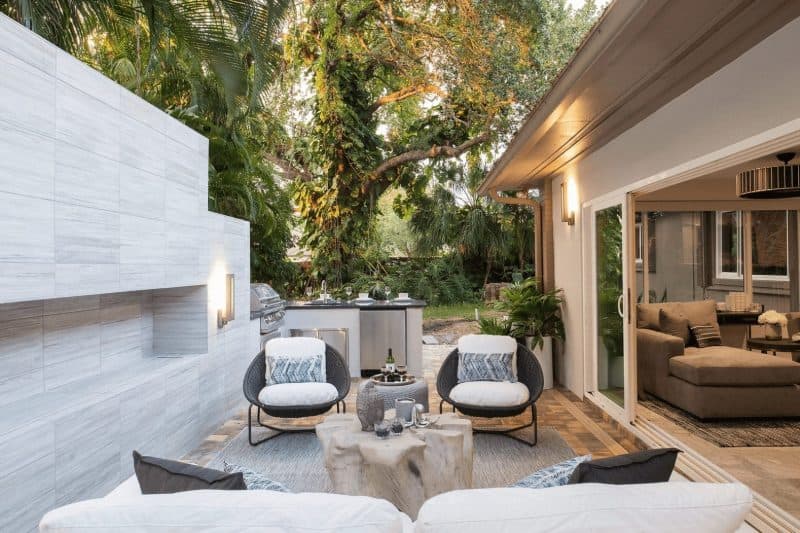 Covered outdoor living area with seating