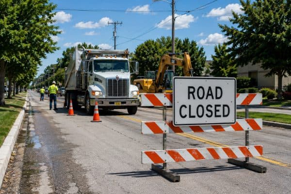Road closed barricade at an emergency utility repair