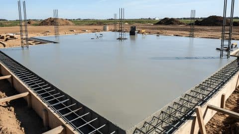 Foundation slab poured inside rebar formwork